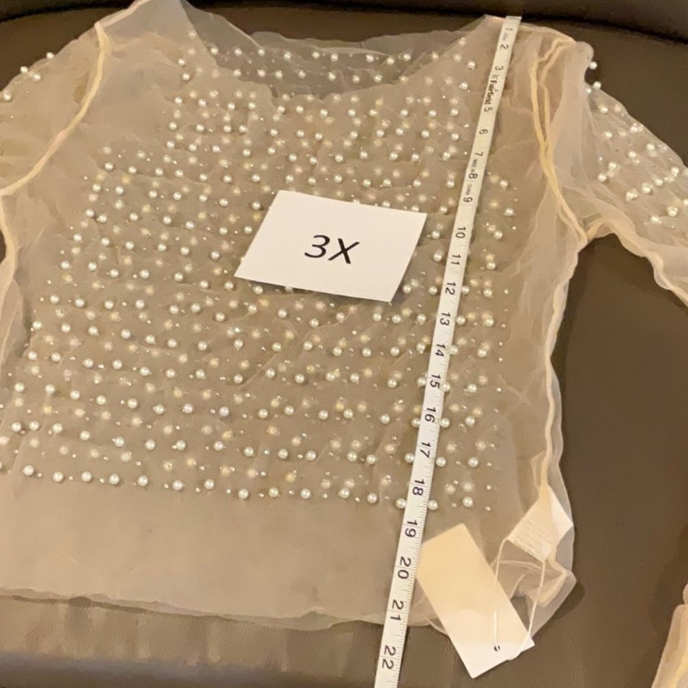 Sheer mesh pearl shiny rhinestone long sleeve blouse - Picture 15 of 16